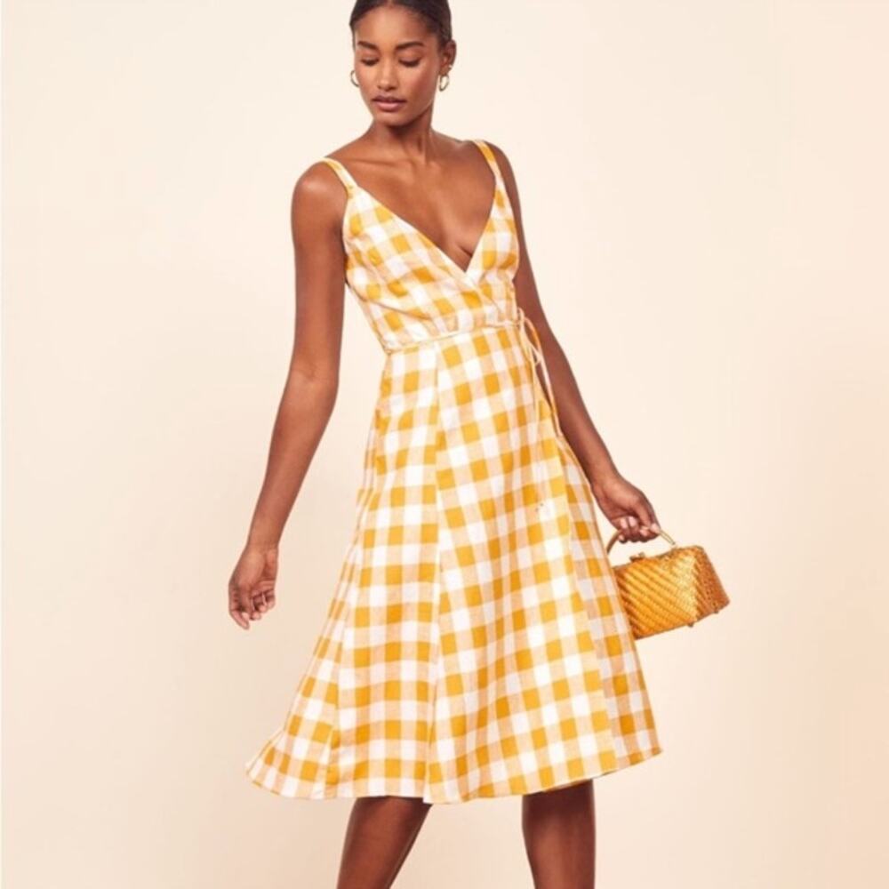 Reformation Beverly Juene Linen Wrap Mini Dress - Yellow Gingham Check Size S - Picture 3 of 5